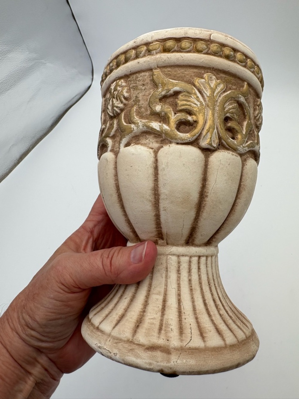 Vintage Grecian Style Cream and Golden Brown Ceramic Pedestal Vase or Planter - Picture 9 of 14